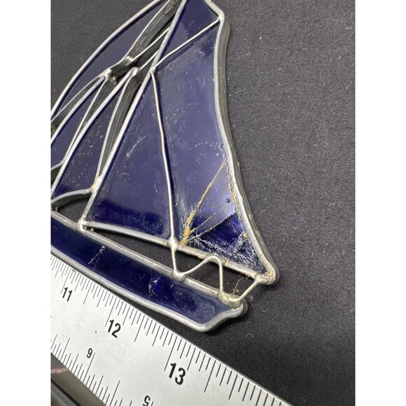 Stained Blue Glass Sailboat Suncatcher With Crack - Picture 4 of 5